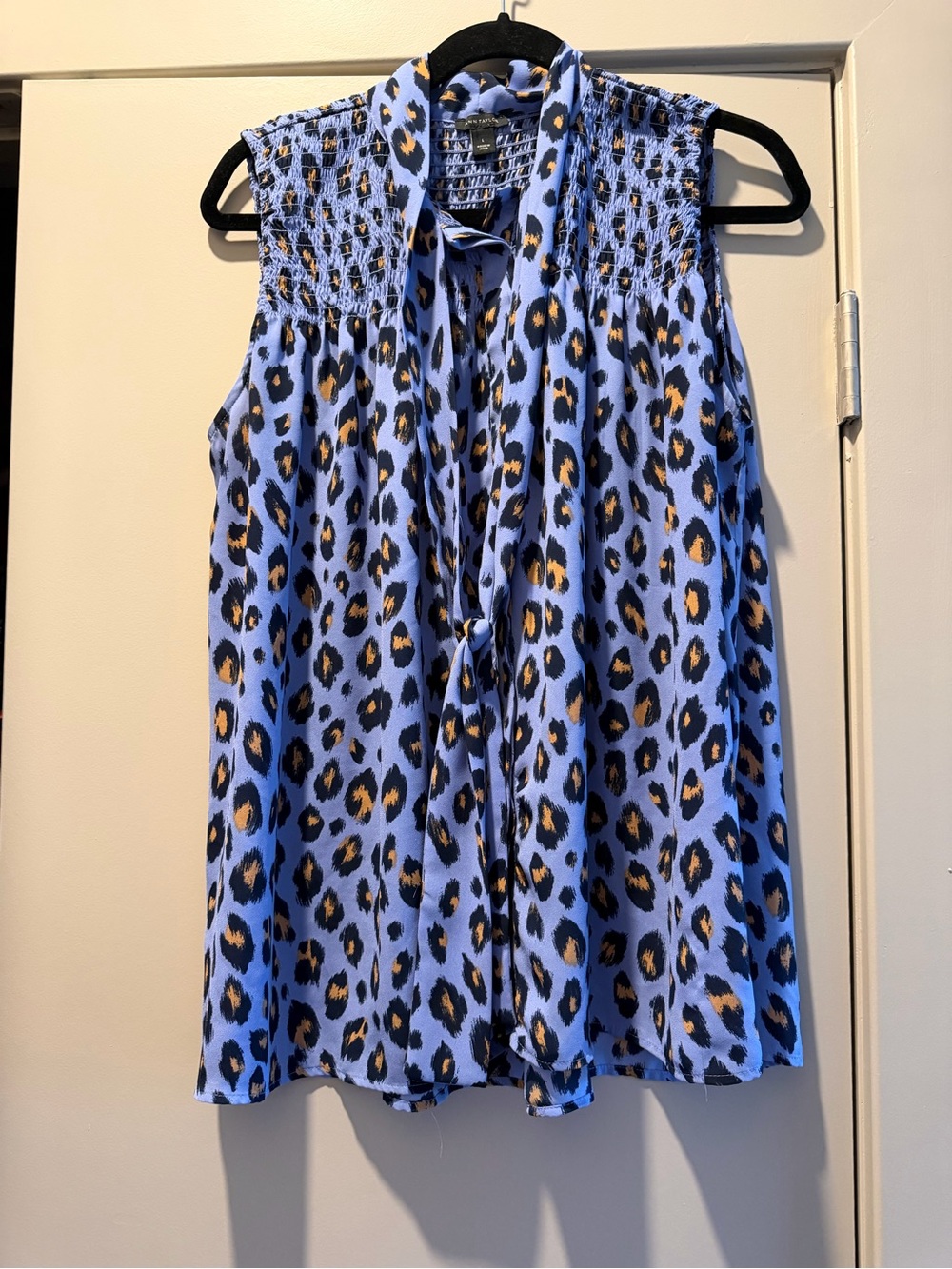 Ann Taylor Blue Leopard-Print Tie-Neck Sleeveless Top